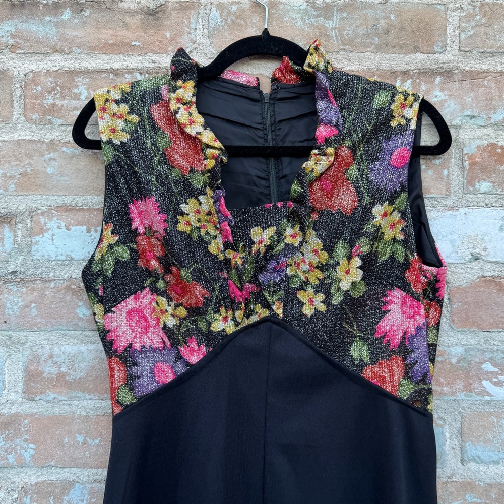 Vintage Cocktail Dress 60s 70s Lurex Floral Fit Flare A-line Sleeveless Midi - Picture 8 of 15